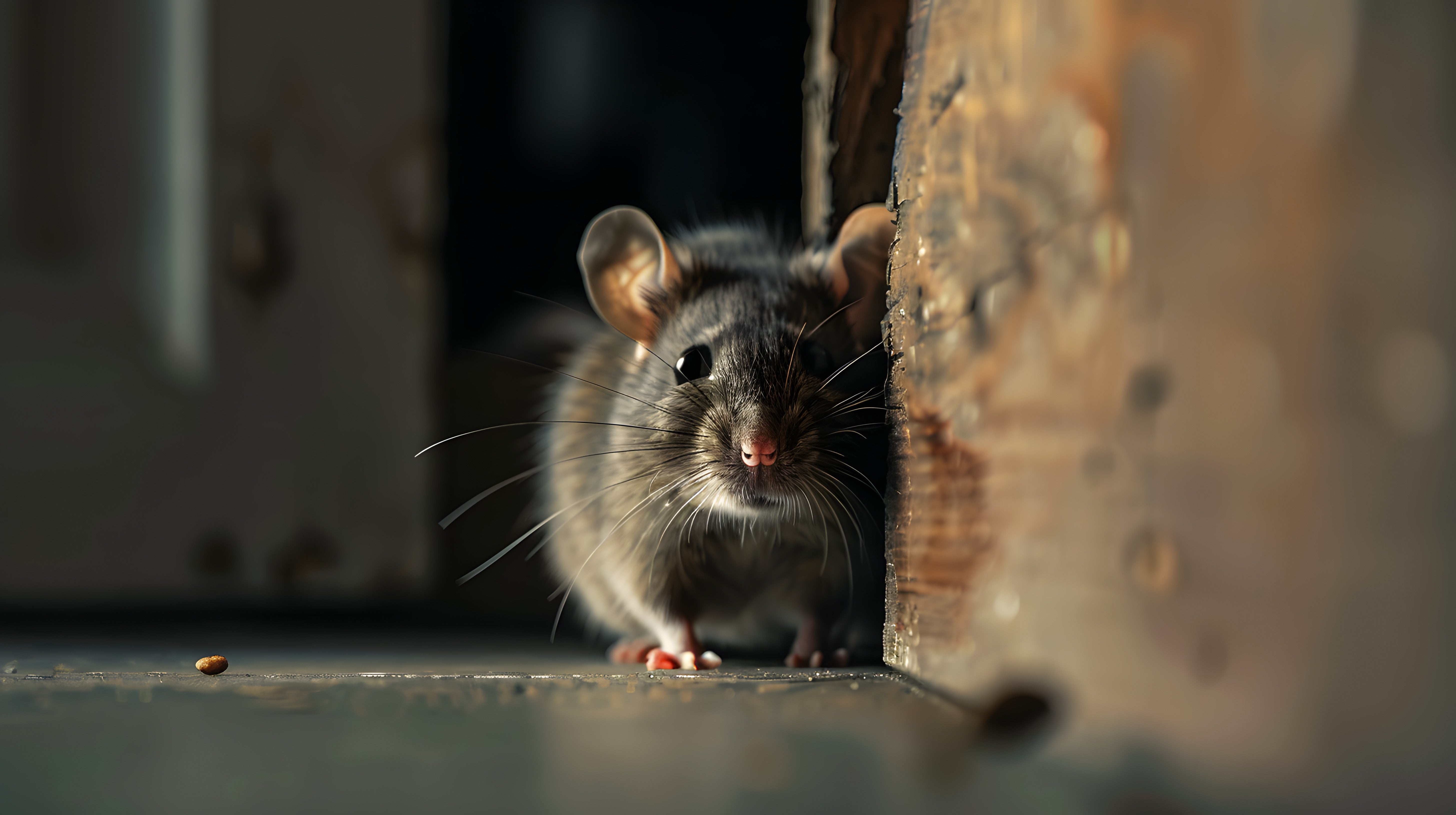 A mouse emerging from a gap between wooden surfaces, illustrating the need for effective rodent control measures.