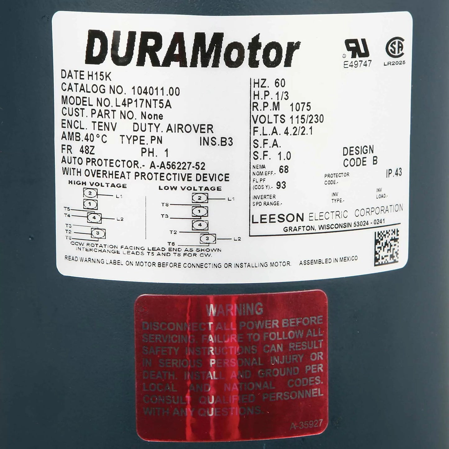 DURAMotor® Band-Mount 1/3 HP Fan Motor - 1,075 RPM