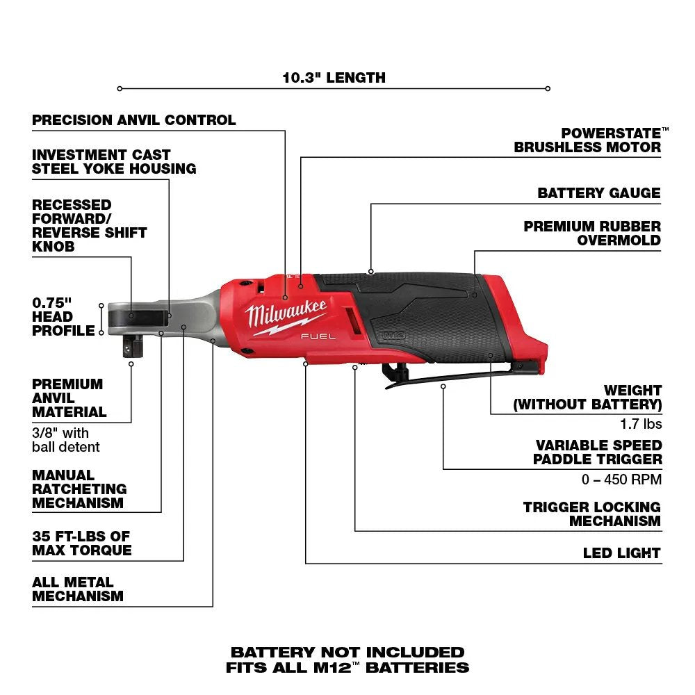 Milwaukee® Tool M12 FUEL™ 3/8" High-Speed Ratchet - Tool ONLY