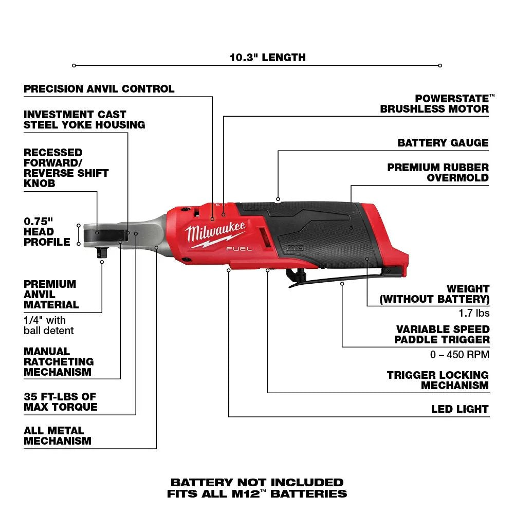 Milwaukee® Tool M12 FUEL™ 1/4" High-Speed Ratchet - Tool ONLY