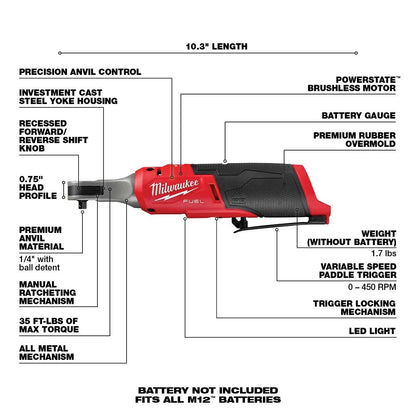 Milwaukee® Tool M12 FUEL™ 1/4" High-Speed Ratchet - Tool ONLY