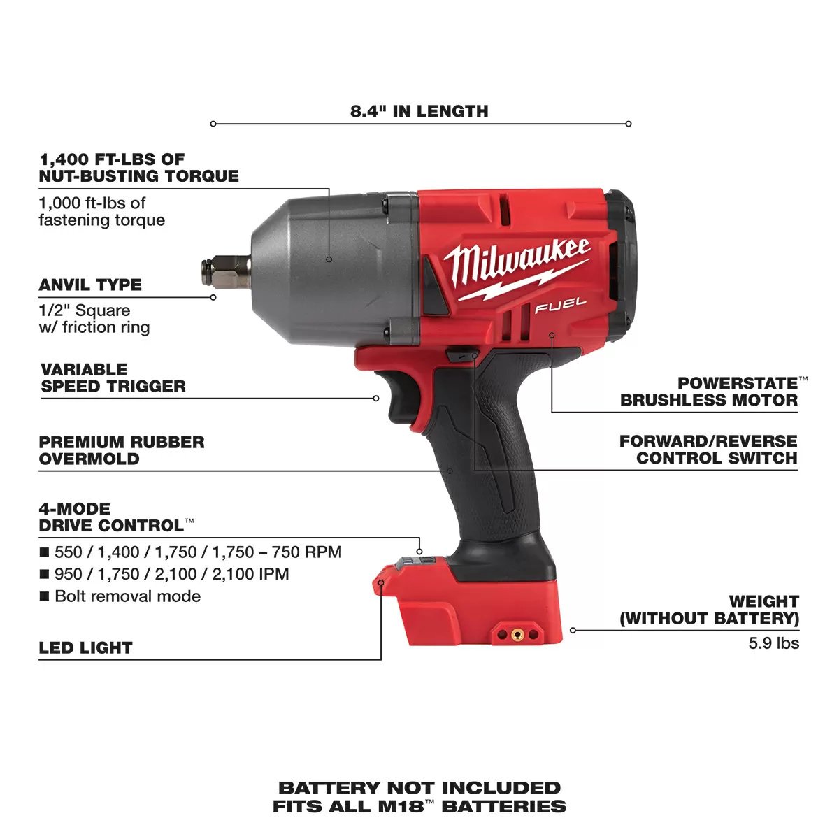 Milwaukee® Tool M18 FUEL™ 1/2" High-Torque Impact Wrench w/Friction Ring - Tool ONLY