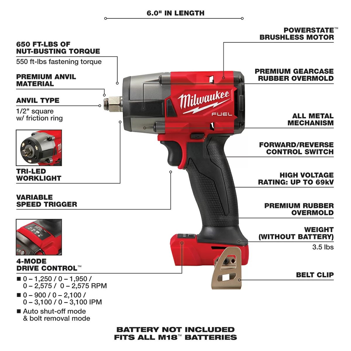 Milwaukee® Tool M18 FUEL™ Mid-Torque Impact Wrench w/Friction Ring - Tool ONLY