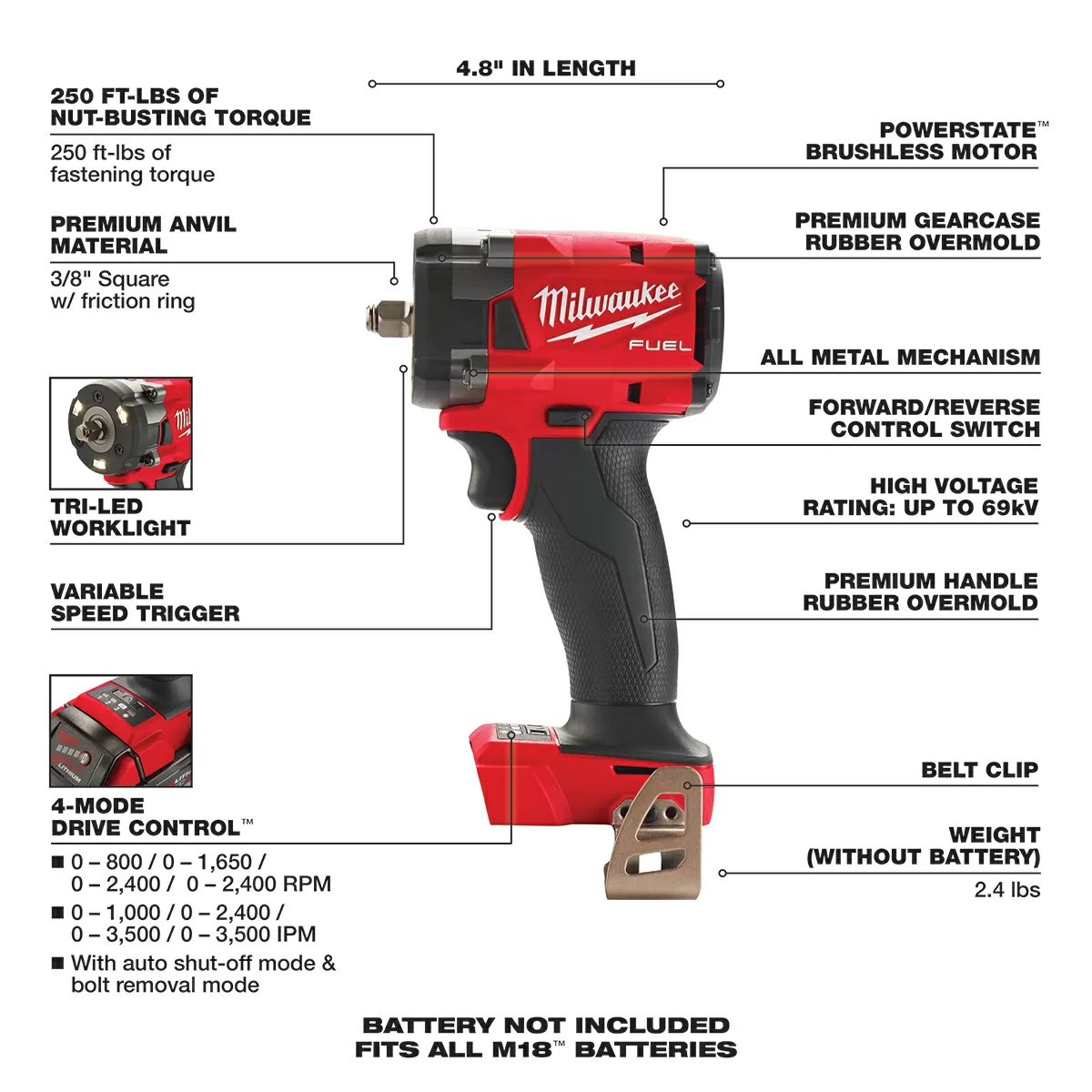 Milwaukee® Tool M18 FUEL™ 3/8" Compact Impact Wrench w/Friction Ring - Tool ONLY