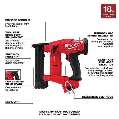 Milwaukee® Tool M18 FUEL™ 18 Gauge 1/4" Narrow Crown Stapler - Tool ONLY