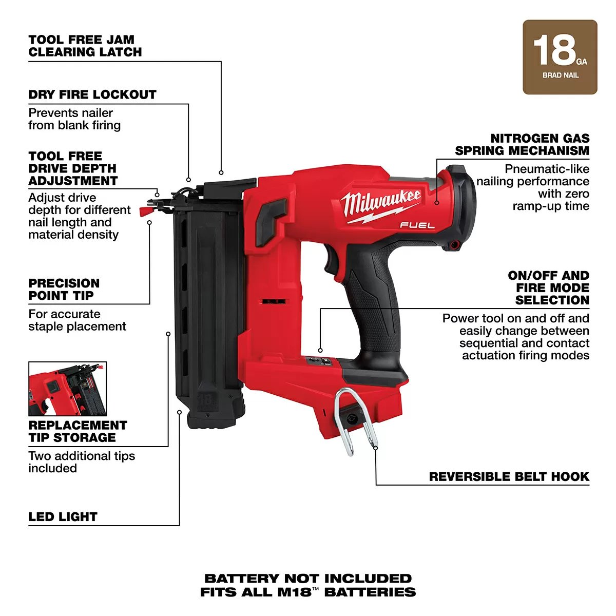 Milwaukee® Tool M18 FUEL™ 18 Gauge Brad Nailer - Tool ONLY