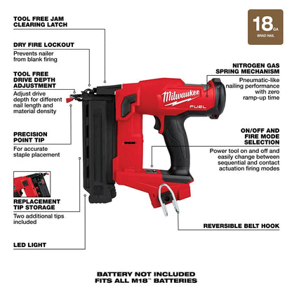 Milwaukee® Tool M18 FUEL™ 18 Gauge Brad Nailer - Tool ONLY