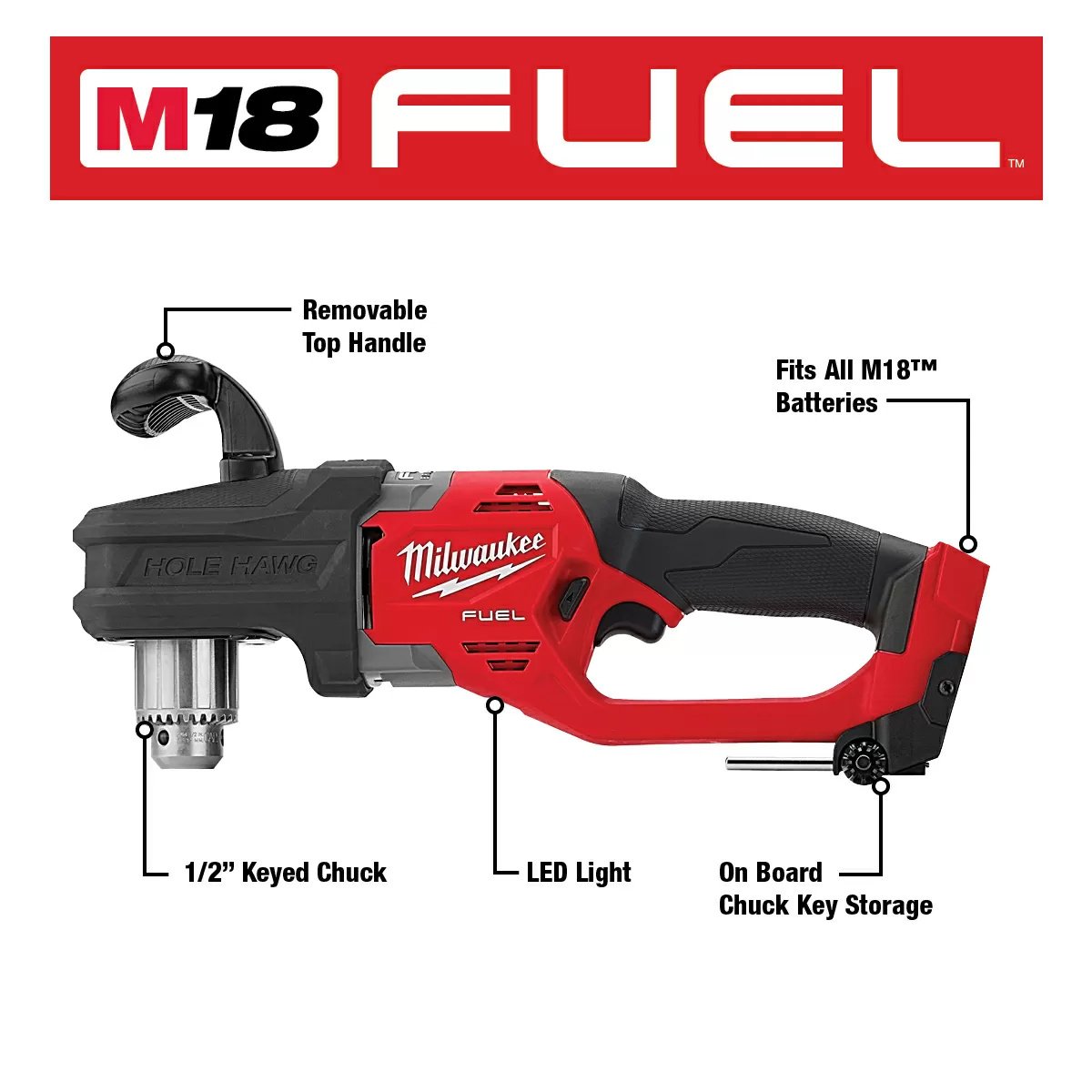 Milwaukee® Tool M18 FUEL™ HOLE HAWG® 1/2" Right Angle Drill - Tool ONLY