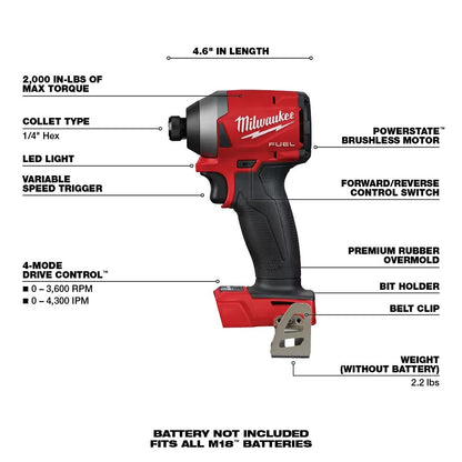 Milwaukee® Tool M18 FUEL™ 1/4" Hex Impact Driver - TOOL ONLY