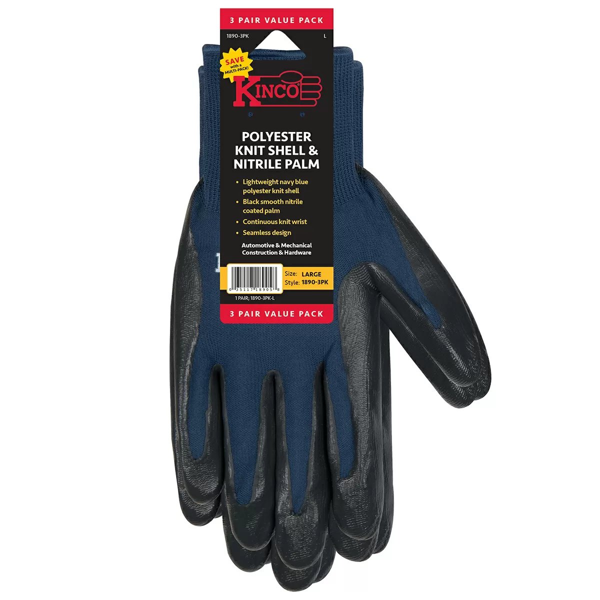 Kinco® Polyester Knit Gloves w/Nitrile Palm - 3 Pack