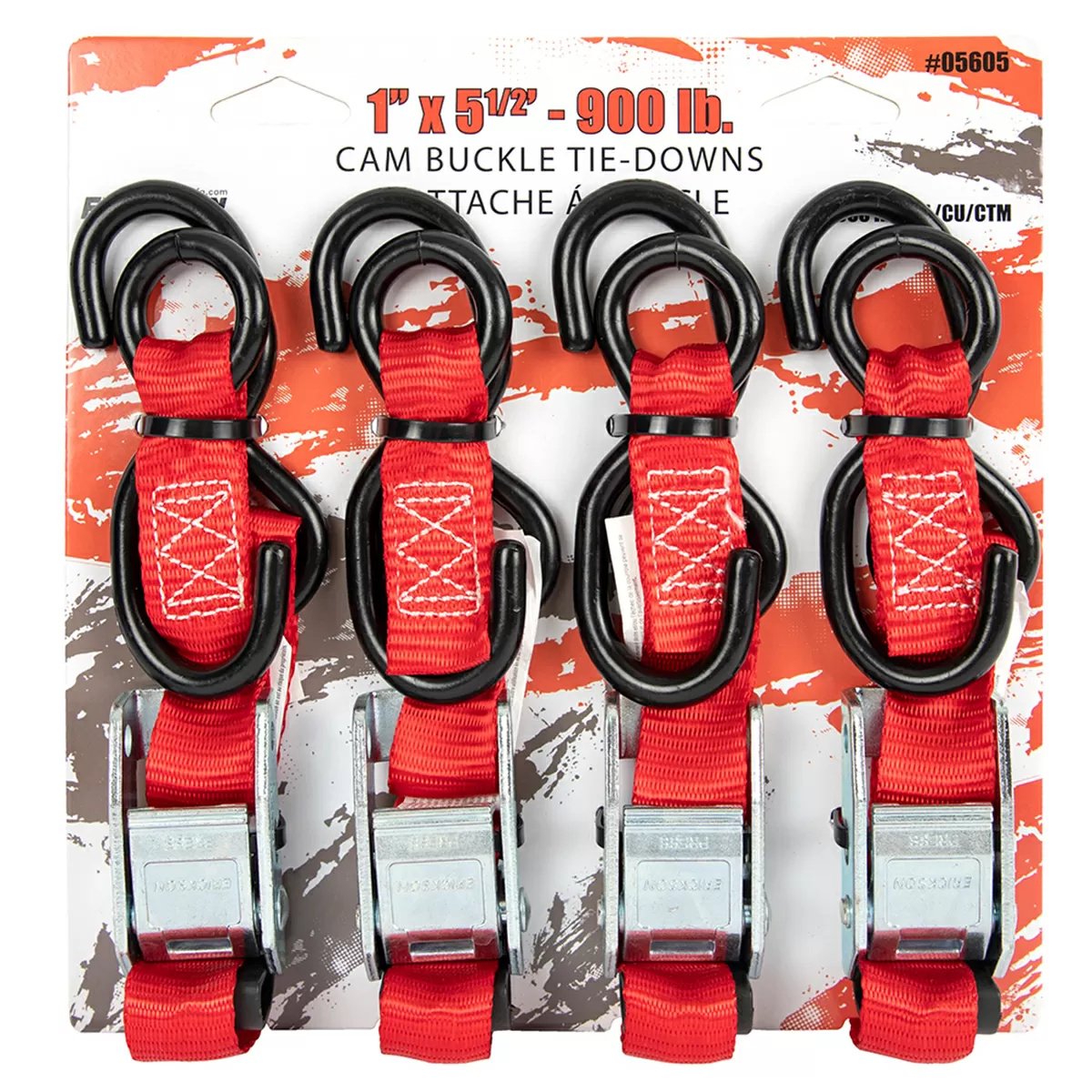 Erickson Manufacturing Cam Buckle Tie-Downs - 4-pack 1" x 5 1/2' - 900lb