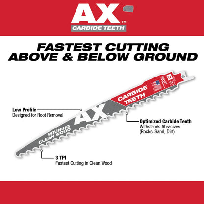 Milwaukee Tool The AX with Carbide Teeth for Pruning & Clean Wood SAWZALL Blades  12" 3 TPI