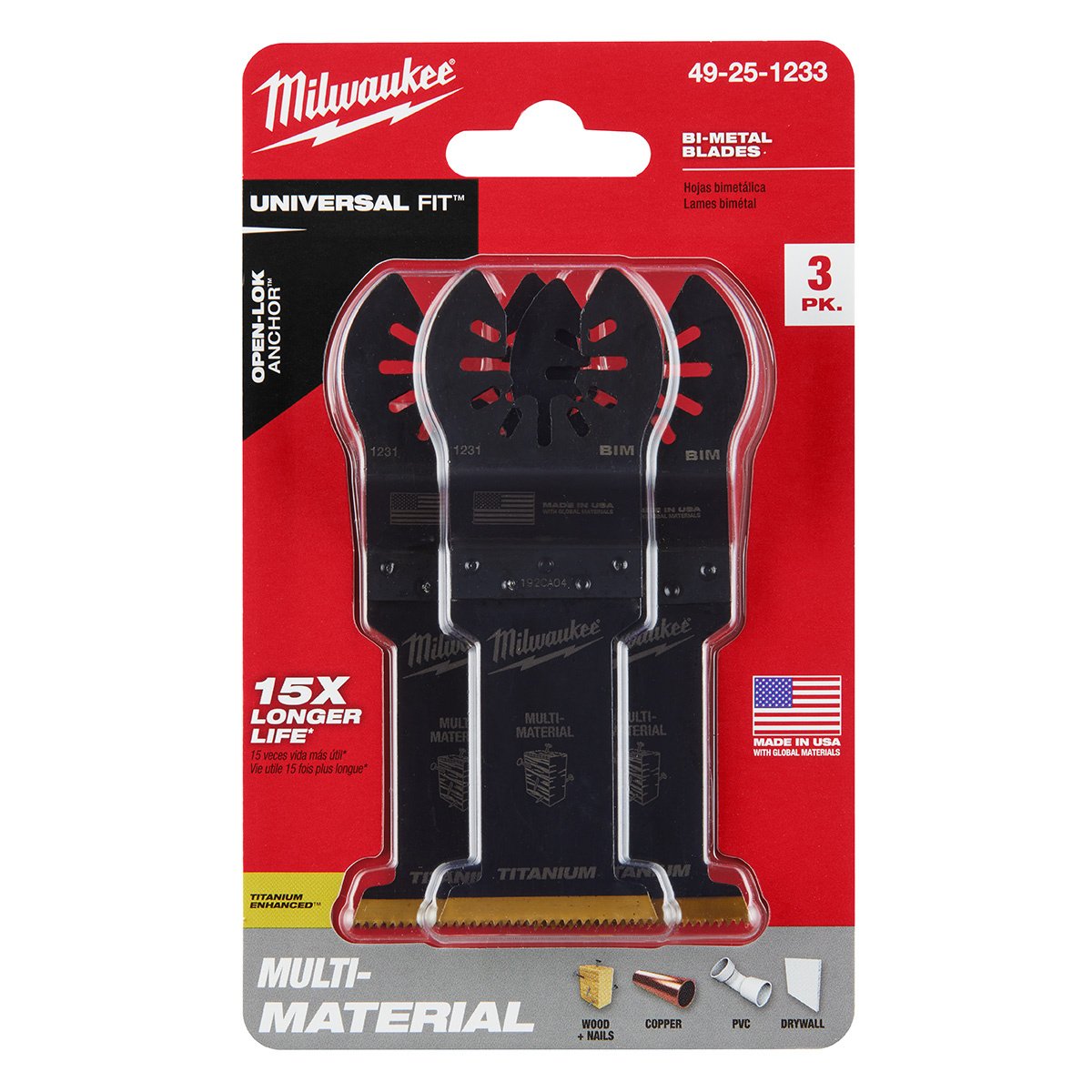 Milwaukee Tool OPEN-LOK™ Titanium Enhanced Bi-Metal Multi-Material Blade - 1-3/8" - 3 Pack