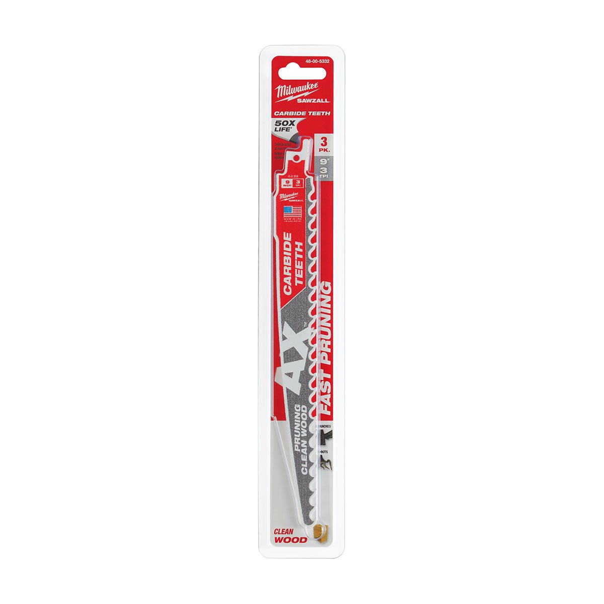 Milwaukee Tool The AX™ With Carbide Teeth for Pruning & Clean Wood SAWZALL® - 9" 3 TPI Blade - 3 Pack