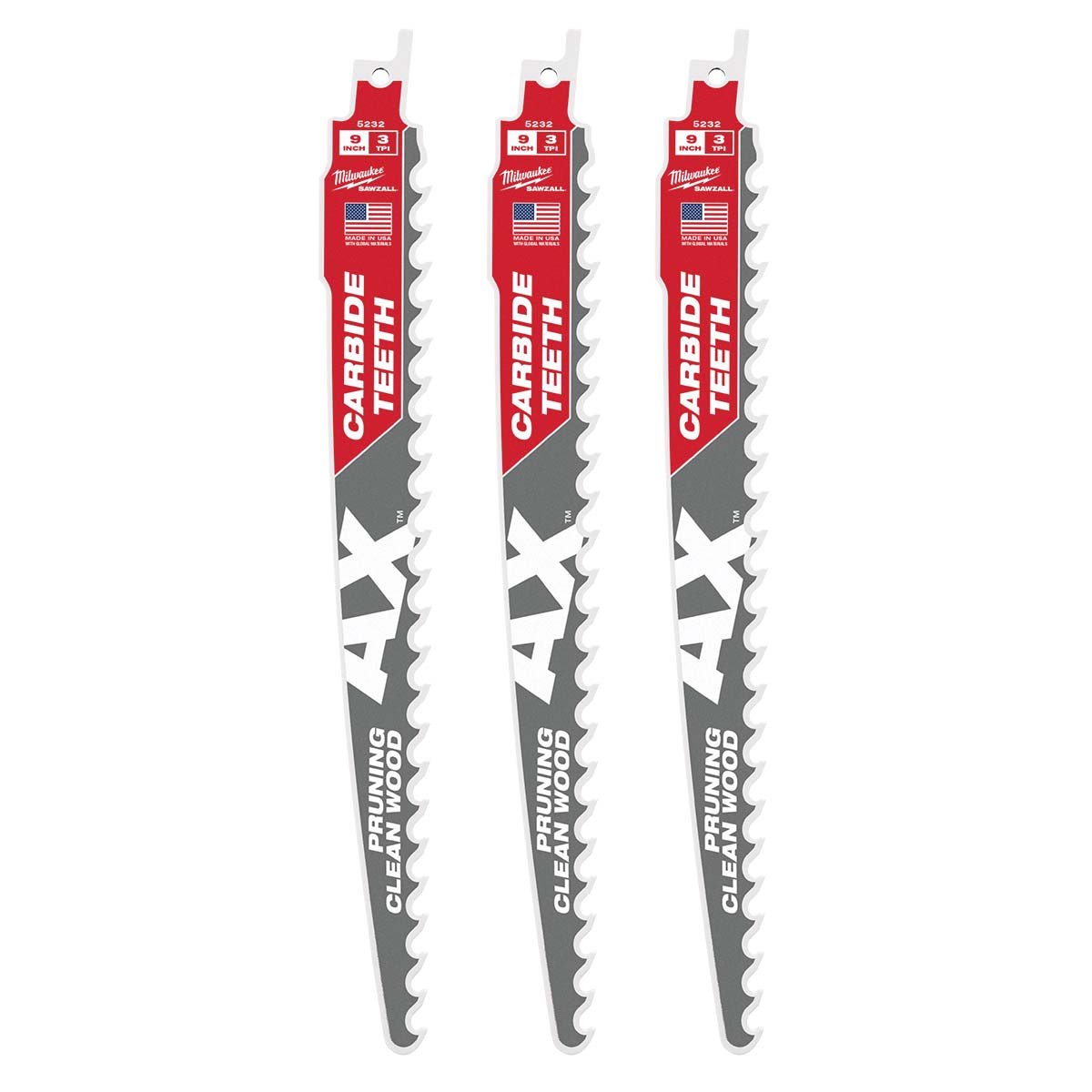 Milwaukee Tool The AX™ With Carbide Teeth for Pruning & Clean Wood SAWZALL® - 9" 3 TPI Blade - 3 Pack